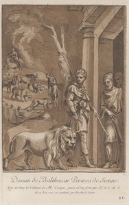 Un pastore che tiene un leone al guinzaglio in primo piano, sullo sfondo il sh..., ca. 1729-64 da Anne Claude Philippe de