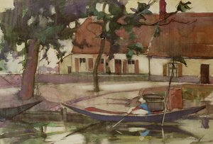 Barca su un canale, villaggio francese