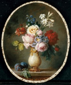 Un vaso di fiori e due prugne su un tavolo di marmo, 1781
