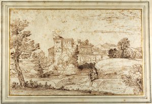 Paesaggio con un castello e le rovine di un portico classico da Annibale (follower of) Carracci