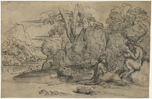 Paesaggio con satiro che suona il flauto, donna e putto da Annibale Carracci (attributed to)