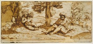 Flötenspielender Amor und Silenus in einer arkadischen Landschaft da Annibale Carracci