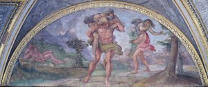 Lunetta raffigurante Enea che fugge da Troia in fiamme portando il padre Anchise seguito da Ascanio che porta la madre, dal Camerino
