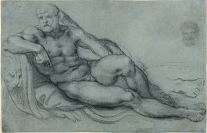 Studio di Ercole che riposa, con studi separati della testa e del piede (recto); disegno a griglia rettangolare (verso) da Annibale Carracci