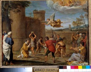 La lapidazione di Santo Stefano: Santo Stefano, fu il primo martire cristiano morto per lapidazione nel 36 d.C. Pittura di Annibale Carracci (1560-1609). XVI secolo.