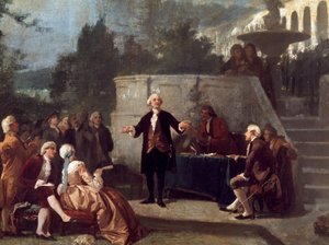 Il drammaturgo italiano Carlo Goldoni (1707-1793) declama un sonetto davanti ai membri della Colonia Alfea nel Giardino Scotto di Pisa. Dipinto di Annibale Gatti da Annibale Gatti
