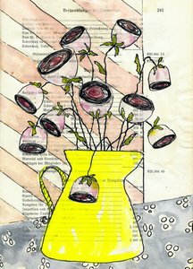 Vaso giallo con fiori rosa