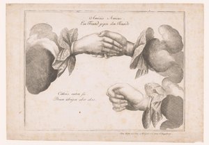 Rappresentazione allegorica con mani che salutano e una mano che fa un gesto osceno