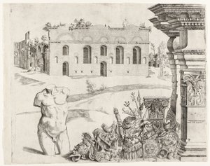 Capriccio architettonico con spolia, un torso maschile e una vista sulle Terme di Diocleziano