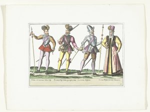 Tre militari spagnoli in uniforme e una vivandiera, ca. 1580