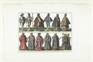 Doppia tavola con dodici uomini vestiti secondo la moda francese, ca. 1580