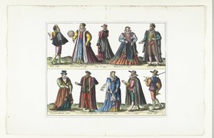 Doppia tavola con cinque uomini e cinque donne vestiti secondo la moda inglese, ca. 1580