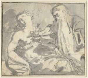 Un uomo rimuove una freccia dal petto di una donna (Cephalus e Procris?) da Anonymous