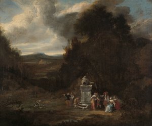 Compagnia elegante presso una fontana antica in una radura da Anonymous
