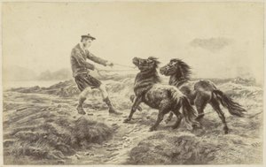 Fotoreproduzione di (probabilmente) una stampa di un uomo scozzese con due pony