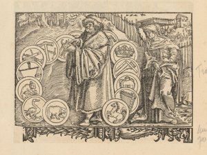 Studioso circondato da emblemi con araldica e la personificazione della Saggezza da Anonymous