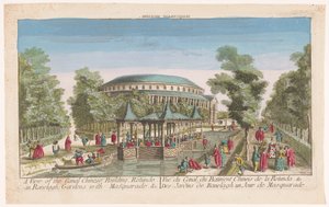 Veduta della Rotonda e del padiglione cinese sul canale nei giardini di Ranelagh a Londra con un ballo in maschera