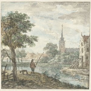 Veduta di una città con un pescatore in primo piano