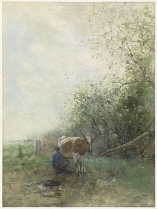 Pastore e pastorella con il loro gregge che riposano vicino all