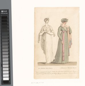 La Belle Assemblée, 1 marzo 1807, n. 14: Un abito da ballo serale / Un abito invernale parigino da Anonymous