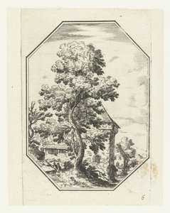 Paesaggio con grande albero in cornice ottagonale (Paesaggi ottagonali) da Anonymous