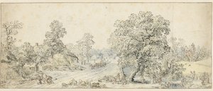 Paesaggio con passeggiatori, un pastore e molte altre figure