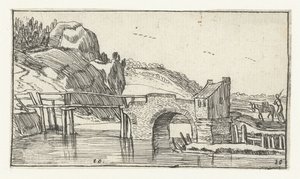 Uomo che guida un asino verso un ponte (Landschappen naar Esaias van de Velde) da Anonymous