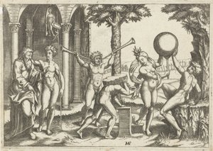 Uomo con due trombe e uomo con pietra sulla schiena affiancati da uomo e donna con globo e uomo vecchio e giovane da Anonymous