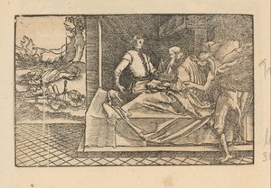 Uomo sul letto di morte, tenuto da un diavolo, cede la sua corona a un altro