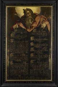 Mosè mostra le Tavole della Legge con i Dieci Comandamenti in calligrafia da Anonymous