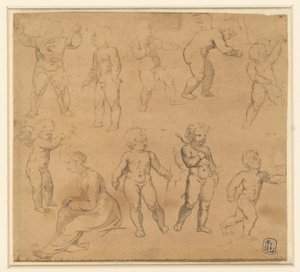 Nove studi di putti e una donna seduta a sinistra da Anonymous
