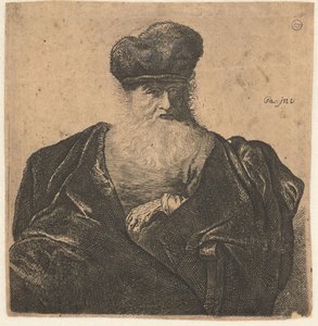 Vecchio con barba, berretto di pelliccia e mantello di velluto