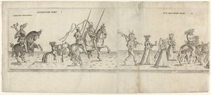 Parata con personaggi in costume, tra cui il cavaliere Bernhart von Ahren, un asino con uno spiedo, Giano, Bacco su un asino e due musicisti da Anonymous