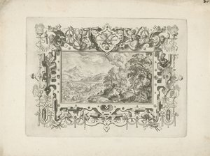 Cornice ornamentale con figure e paesaggio con Venere e Adone