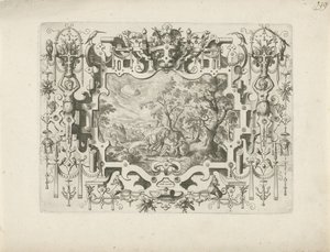 Cornice ornamentale con figure e paesaggio con il Buon Samaritano da Anonymous