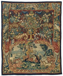 Orfeo con gli animali, in una cartouche e un decoro con vaso di fiori e corni dell