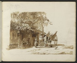 Carro di buoi e figure in una strada di paese