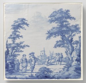 Piatto dipinto con paesaggio e figure