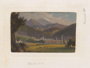 Riproduzione di una stampa con una vista di Hallein in Austria