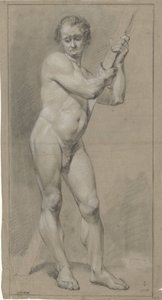 Nudo maschile in piedi, guardando in basso, le mani su una trave di legno