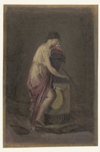 Donna in lutto in piedi presso un monumento funebre