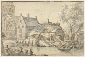 Veduta della città con una grande chiesa