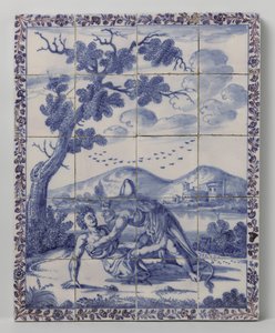 Pannello di piastrelle con un paesaggio blu con rappresentazione mitologica: Ercole e Acheloo da Anonymous