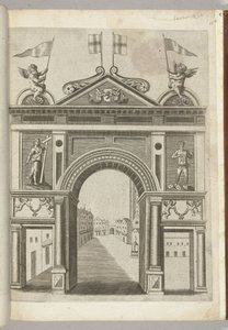 Arco di trionfo con figure allegoriche e putti con la catena dell