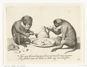 Due scimmie mangiano ostriche (Vita umana rappresentata da scimmie, serie) da Anonymous