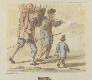Due uomini che camminano con un cesto sulla schiena e un bambino con un cesto in mano da Anonymous