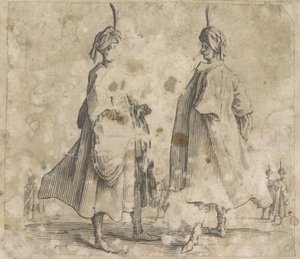 Due uomini in mantello con turbante in testa