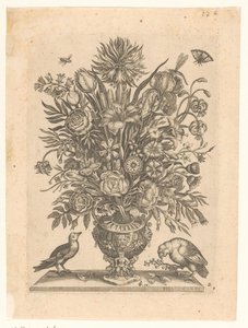 Vaso con fiori e due uccelli