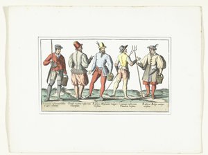 Quattro contadini vestiti secondo la moda attuale e uno secondo la vecchia moda, ca. 1580