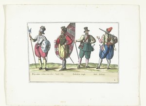 Quattro militari in uniformi secondo la moda nei Paesi Bassi e in Inghilterra, ca. 1580 (serie Costumi militari dei Paesi Bassi) da Anonymous